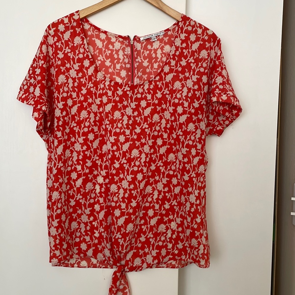 Orange Floral Collective Concepts Front Tie Flowy Blouse